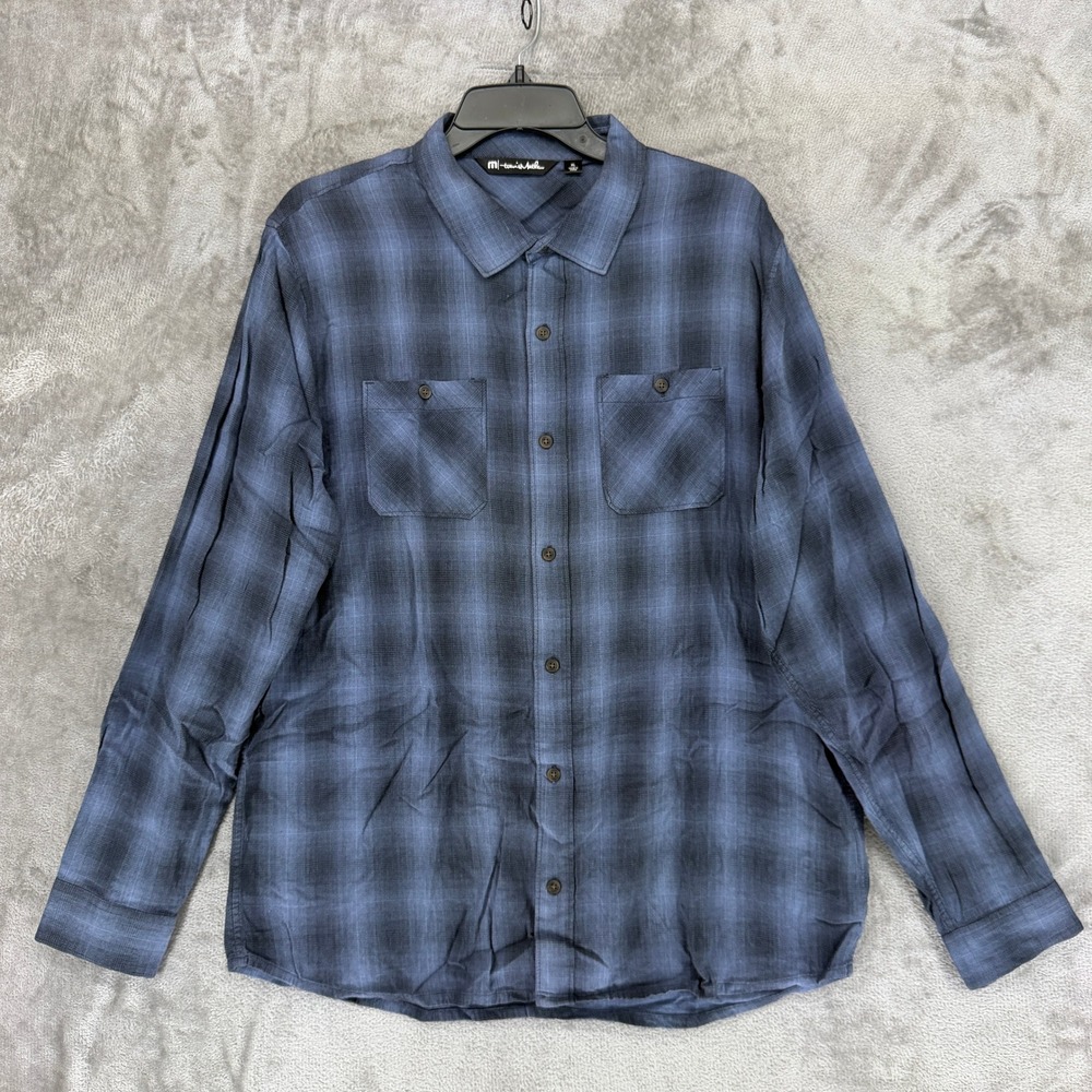 TravisMathew Shirt Mens XL Blue Black Plaid Rayon Cotton Long Sleeve Button Down